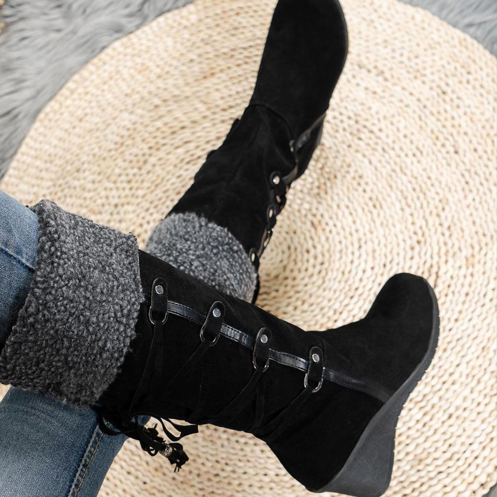 European & American Large Size Women's Tassel Lace-Up Wedge Heel Frosted Cotton Snow Boots
