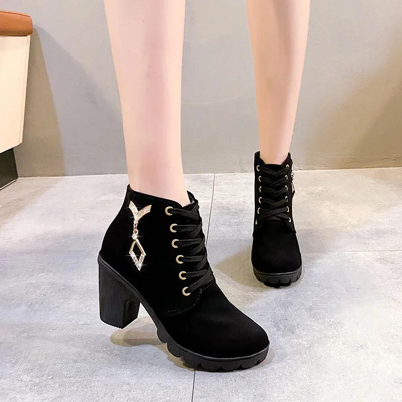 Women Shoes Lace Up Ankle Boots Fashion High Heels Ladies Casual Spring Pumps Platform Heel