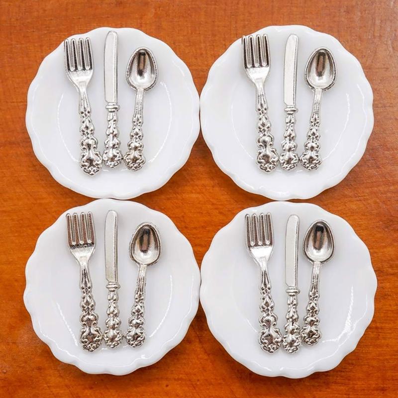 4Sets Miniature Kitchen Tableware Set Display Accessories for 1/12 Scale Dollhouses with Realistic Plates and Cutlery