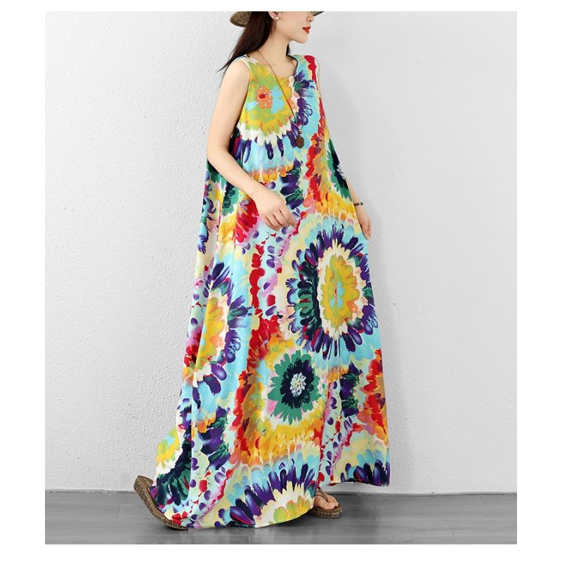 DIMANAF 2026 Women Plus Size Summer Beach Lady Long Dress Clothing Vest Sleeveless Vintage Loose Oversize Maxi Print Sundress