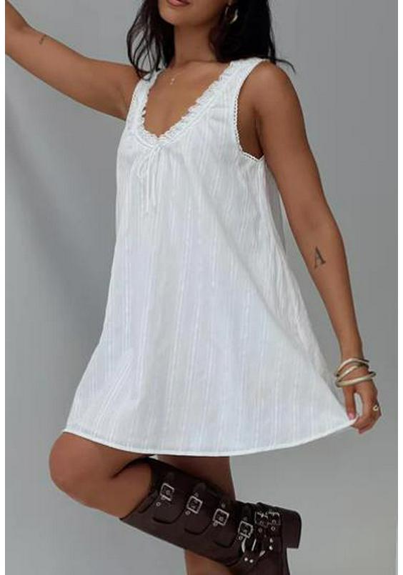 2026 Summer White Sleeveless Lace V-Neck A-Line Dress Women’s Vacation Style M белый