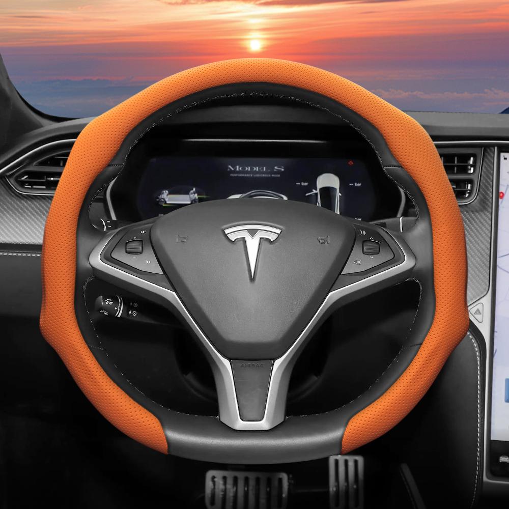 Geeignet für Tesla Perforierte Lederlenkradabdeckung, Rutschfest, Schweißabsorbierend, Atmungsaktiv, Integrierte Snap-On Schutzhülle für Modell 3 Y S