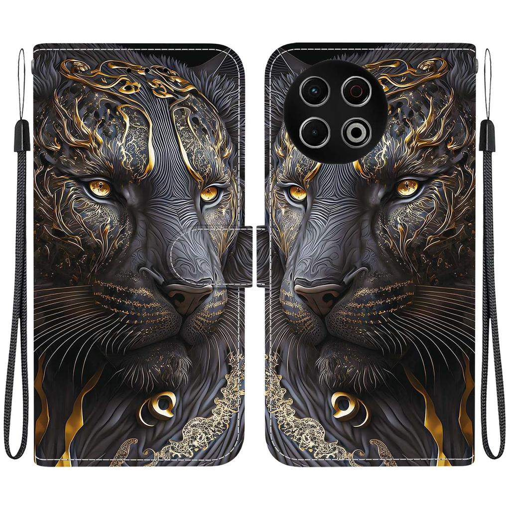 Handmade PU Leather Flip Case for Tecno Spark 30 / Spark 30 Pro Anti-Slip Shockproof Cover with Wrist Strap & Heart/Rose Cat Designs