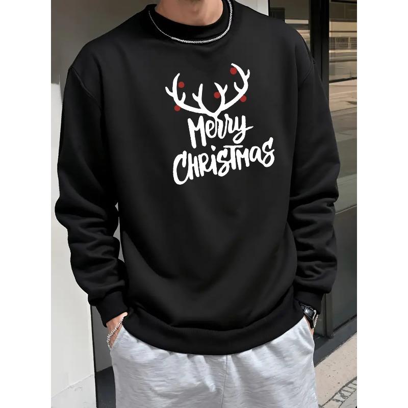 1pc Men'S Fashionable Merry Christmas Print Crew Neck Sweatshirt, Polyester Knit Fabric with Slight Stretch, Loose Fit Long Sleeve Warm Sweater
