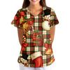 Women's Christmas Print Loose Fit V-Neck Short Sleeve Scrub Top with Pockets for Work