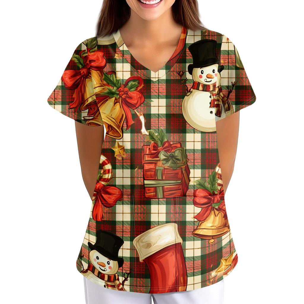 Women's Christmas Print Loose Fit V-Neck Short Sleeve Scrub Top with Pockets for Work