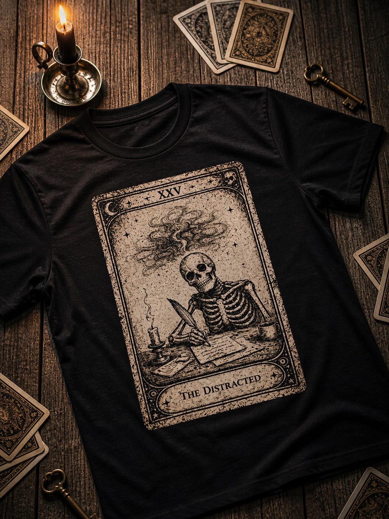 Skeleton Tarot Card The Distracted T-Shirt | Gothic Occult Illustration M