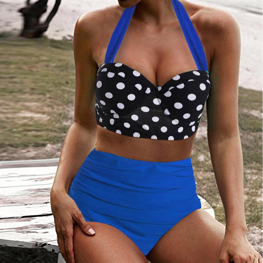 Women's Summer Fashion Casual Polka Dot Print High Waist Split Two-piece Suit  Bikini Swimsuit