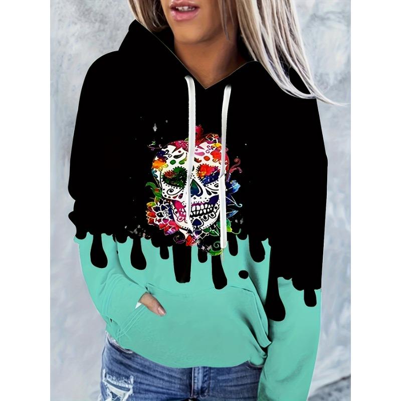 2025 Damenoberteile Herbst- und Winter-Hoodies Damen Lockerer Mexikanischer Tag der Toten Druck 3D-Druck Mode Lässiger Pullover-Hoodie