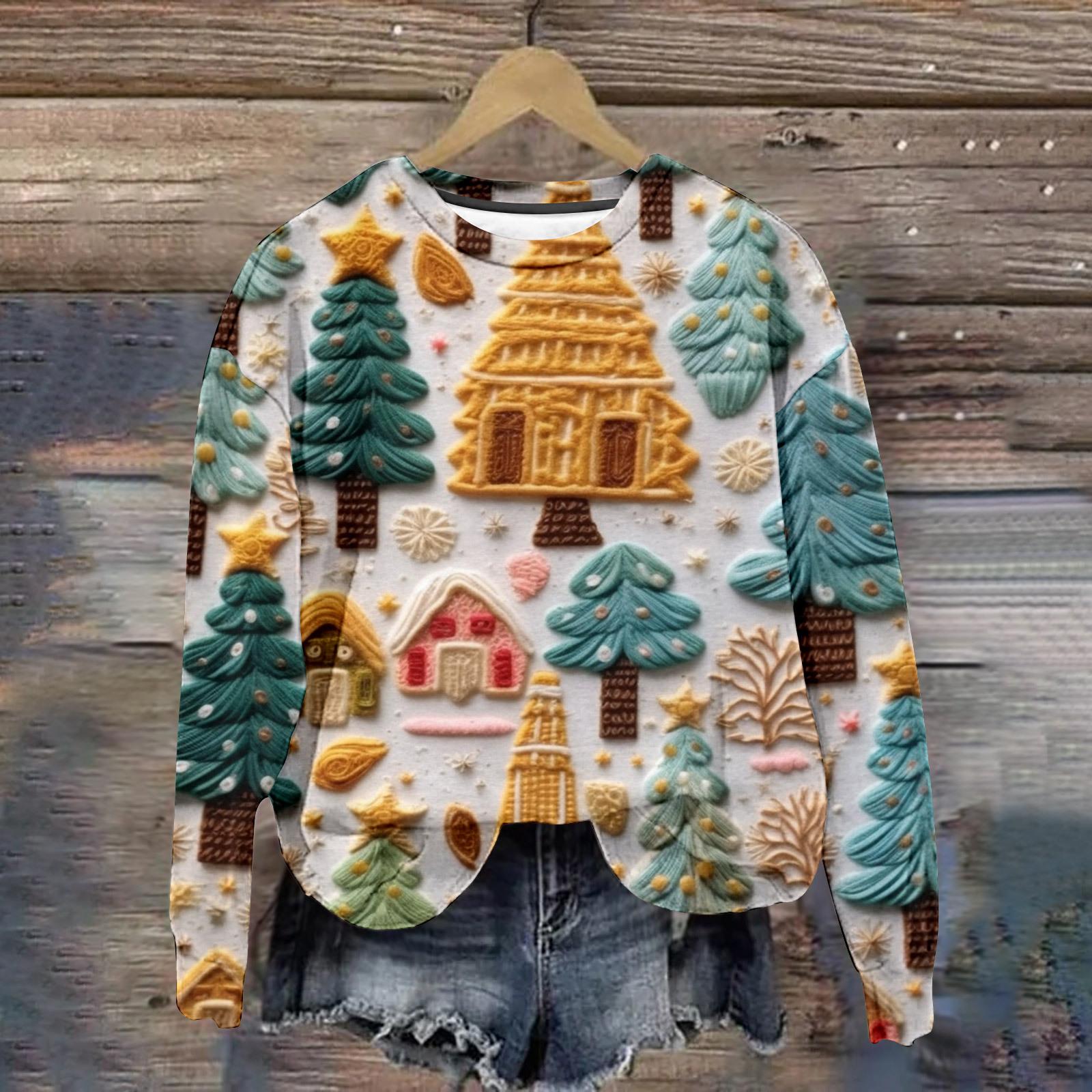 

Новый рождественский свитер, женская футболка, топы с длинным рукавом, рождественская елка, графическая одежда, Y2k, милая одежда для девочек, женская толстовка L