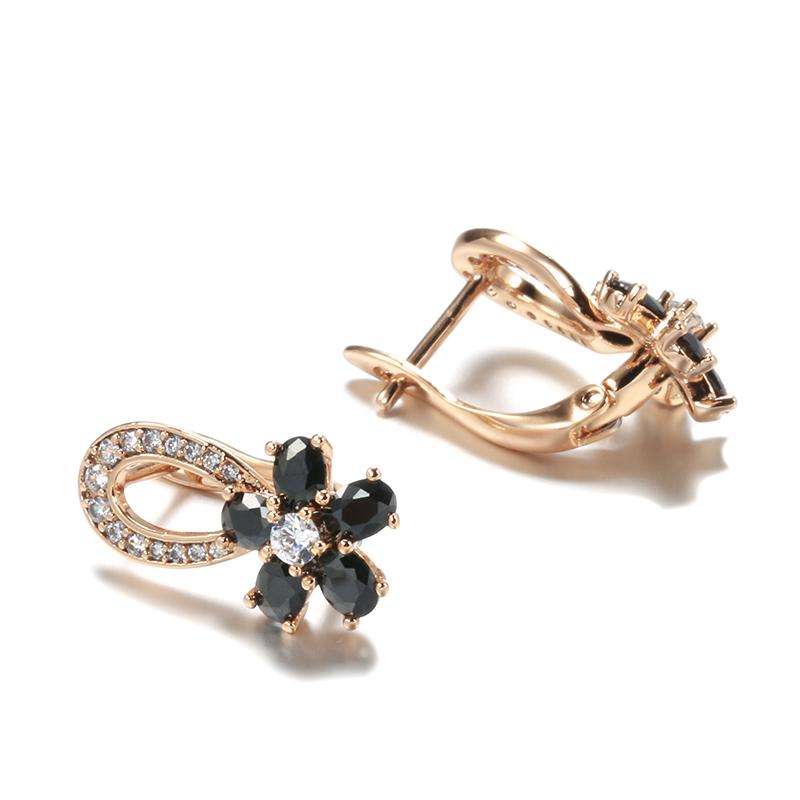Luxury Hollow Flowers Women Earrings Black White Natural Zircon  Rose Gold Drop Earrings Bridal Wedding Fashion Jewelry