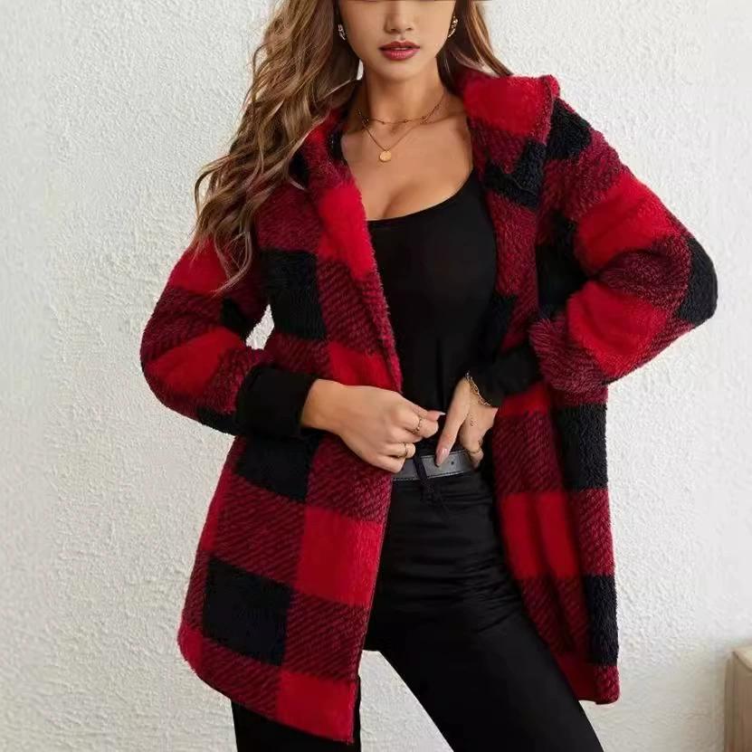 Loose Plaid Color Blocked Plush Cardigan, Fashionable Sweater for Women