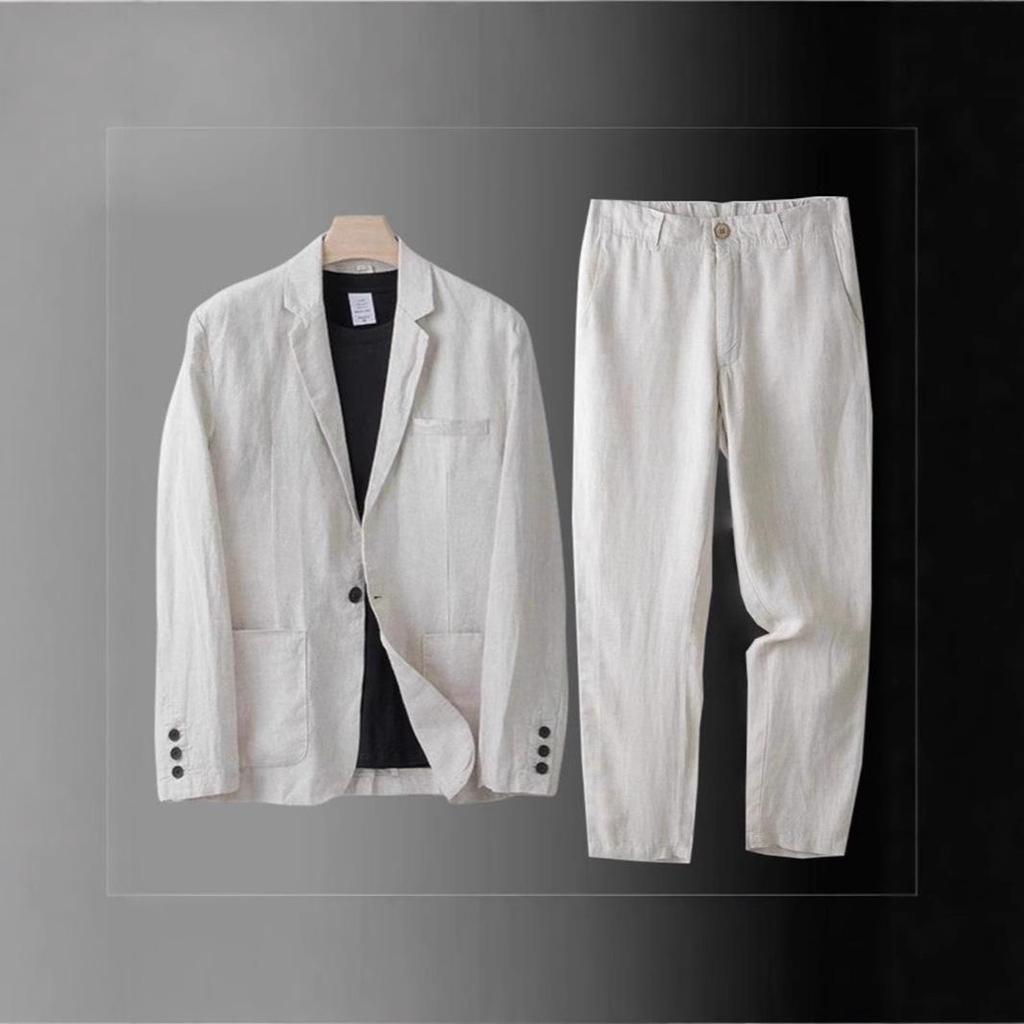 Pánsky svetlosivý ľanový oblek Sako s jednoradovým zapínaním a ladiace nohavice Ležérne business oblečenie