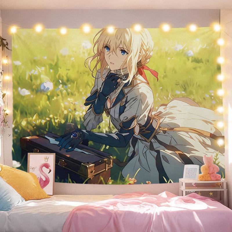 Blonde Anime Girl Meadow Suitcase Tapestry Wall Hanging Green Spring Flower Aesthetic Wall Art Otaku Dorm Bedroom Decor