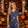 Women's V-Neck Short Sleeve Scrub Top with Pockets Halloween Print Caregiver Uniform
