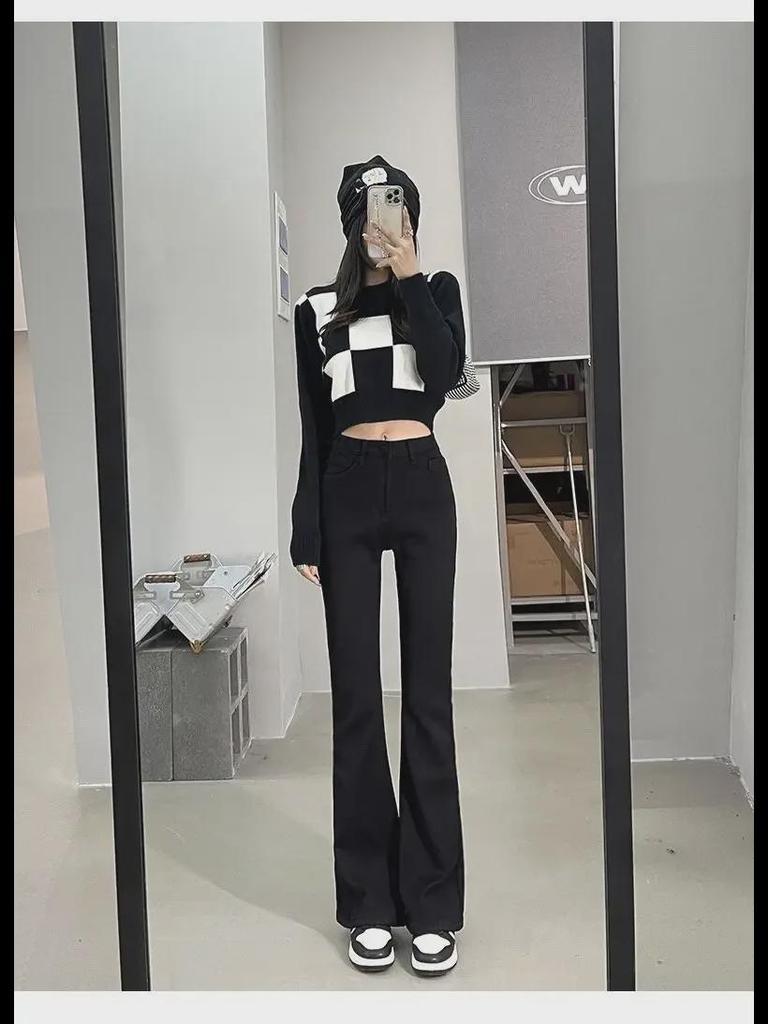 Women's Slimming High-Waist Flared Jeans: Niche Design, Elastic, Floor-Length Horseshoe Pants for Autumn