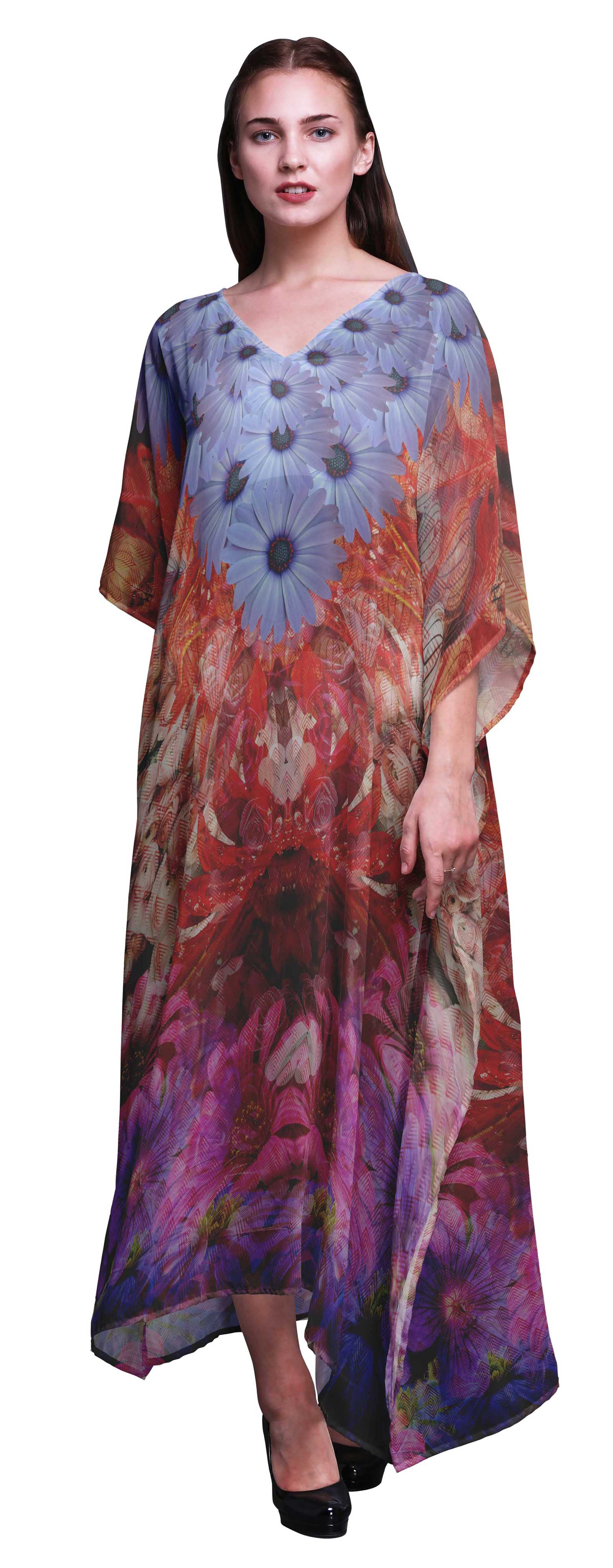 

Phagun Daisy & Wild Flower Floral Ladies Kaftan Holiday Loungewear Maxi Dress Beach S-L червоний