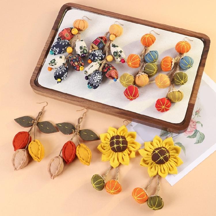 Elegant Autumn Earrings Handmade Fabric Pumpkin Sunflower Dangle Large Statement Portable for Trendy Women Casual Wear