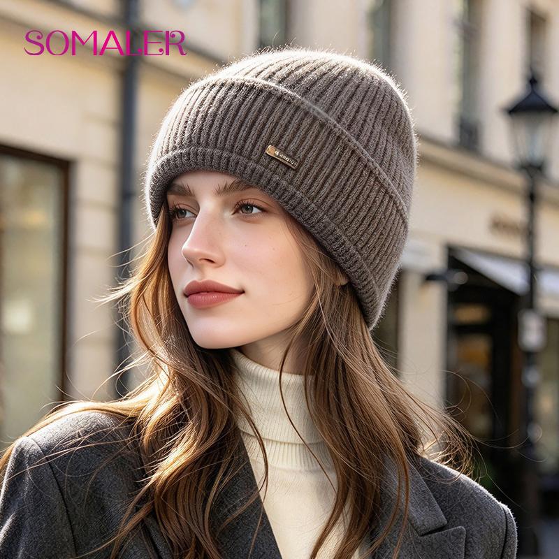 SOMALER Women's Autumn Winter Angora Knit Beanie Hat with Folded Cuff & Metal Badge Fashion Warm Cap 54-58cm