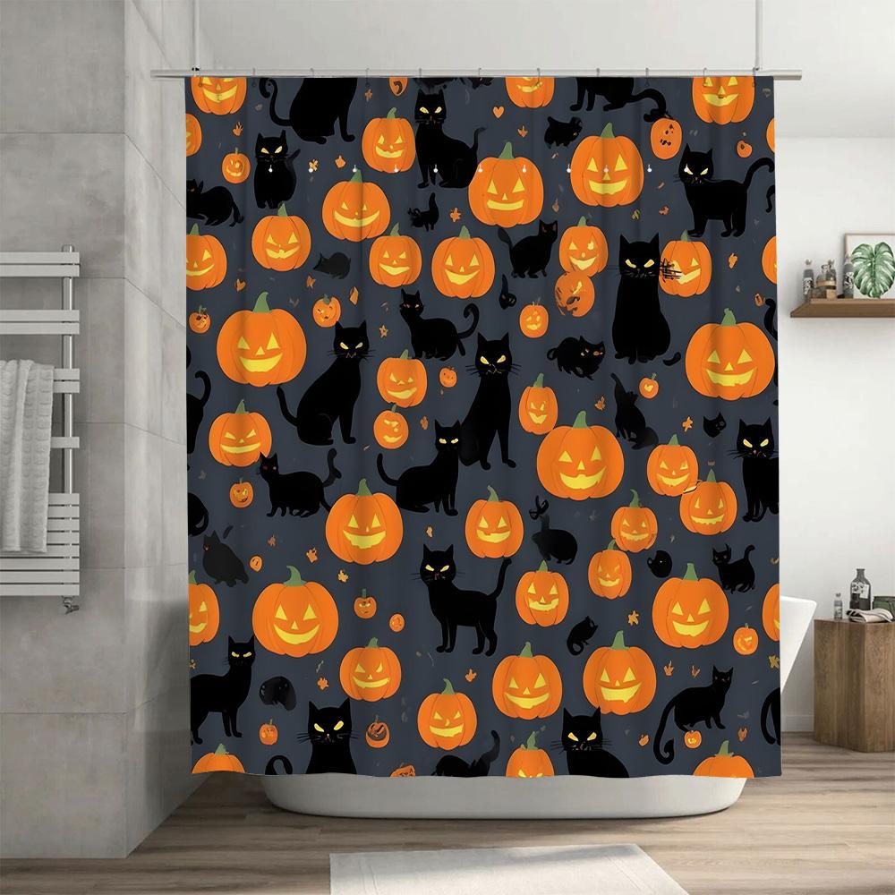 Halloween Pumpkin Cat Black Shower Curtain Halloween Decorative Polyester Bathtub Liner Home Decoration 28x76 Inches