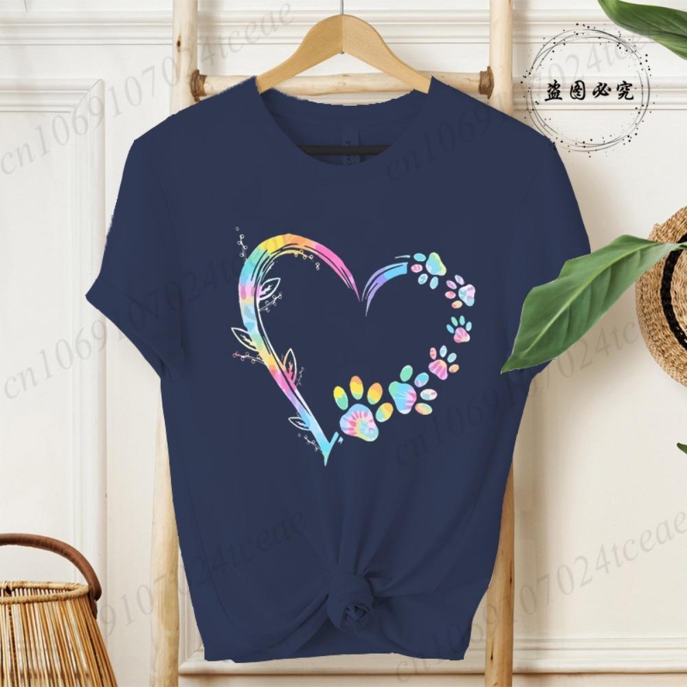 Heart Dog Paw Print Women's T-shirt, Graphic T-shirt, Short-sleeved T-shirt, Summer Fashion, Casual Street Fashion Top