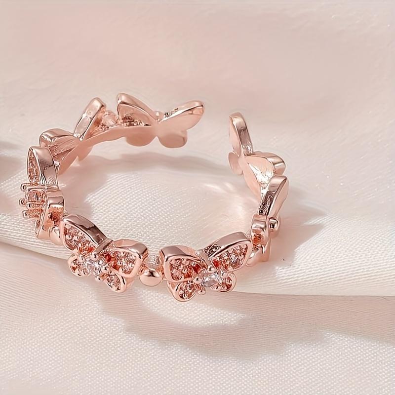 1 Pc, Estilo Elegante e Clássico, Anel Aberto com Design em Forma de Borboleta Prateada e Rosa Dourada, Anel de Zircônia Brilhante Incrustado