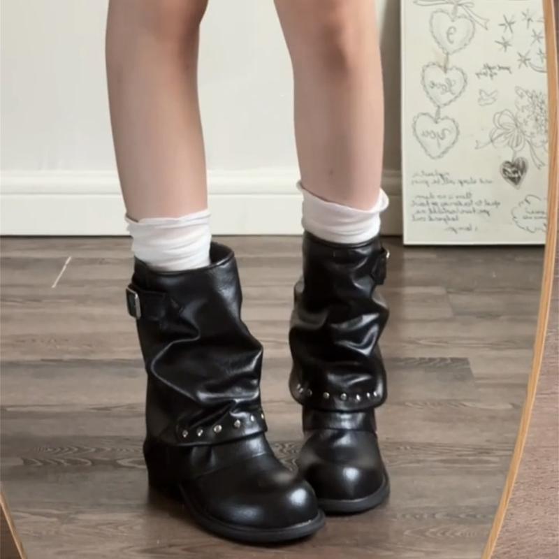 Winter Vintage Pleated Women Pipe Ankle Boots Fashion Rivet Belt Buckle Shoes Ladies Concise Thick Heel Short Booties