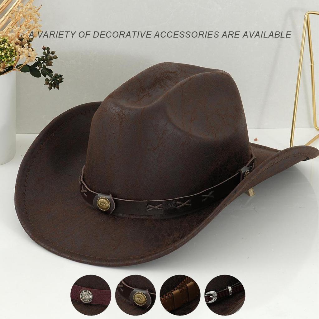 Unisex westernové kovbojské klobouky: Kovové kulaté a boční vzory s přezkovým páskem, ideální na večírky a cestování u táboráku