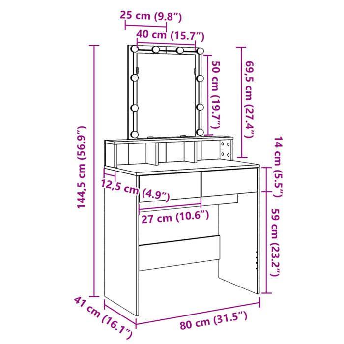 VidaXL Coiffeuse avec LED noir 80x41x144,5 cm, table de maquillage, coiffeuse de chambre à coucher, coiffeuse avec miroir, 848179