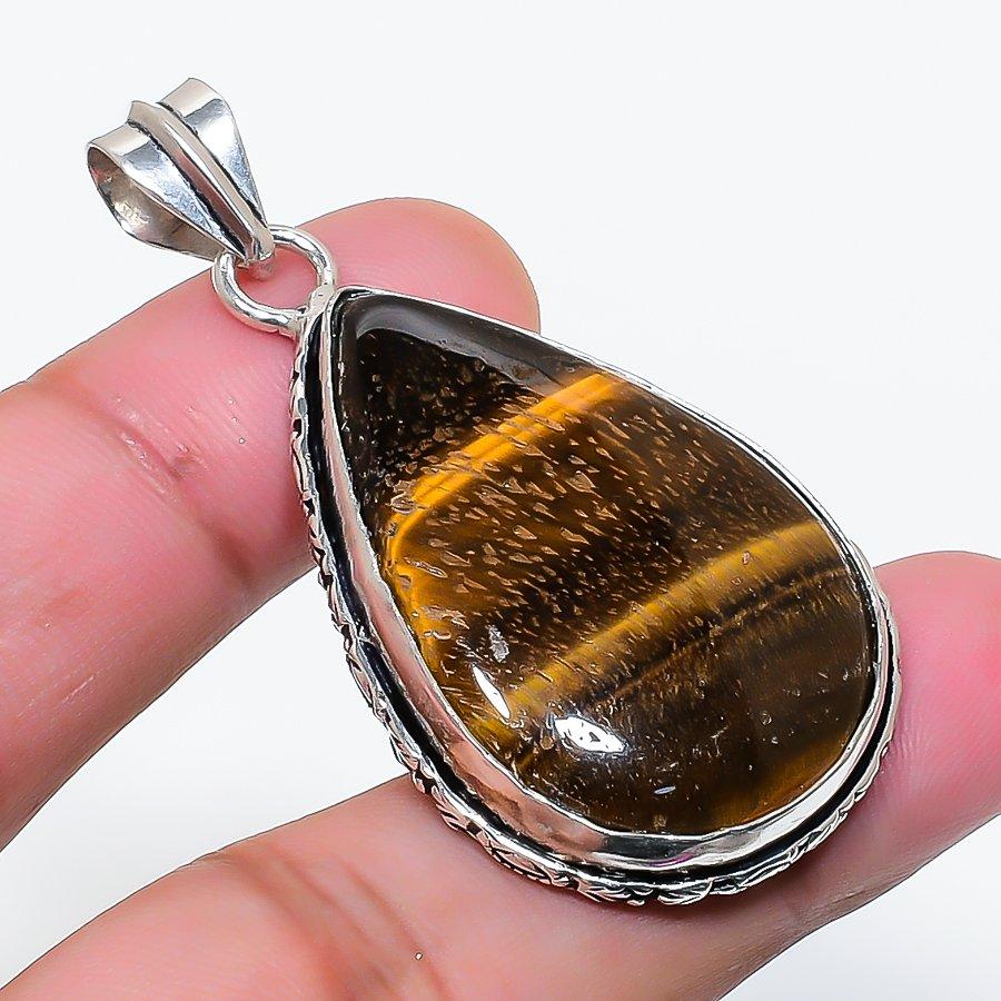 Natural Tiger Eye Gemstone Handmade 925 Sterling Silver Pendant 2.01" AP-15618