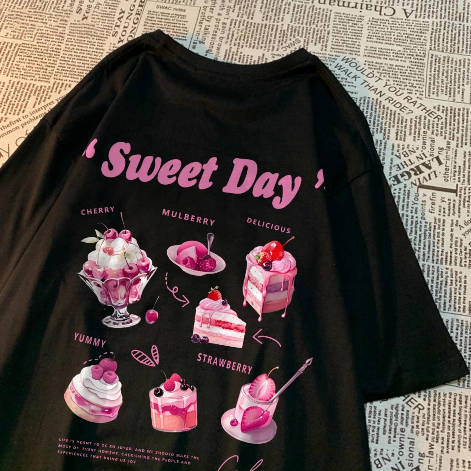 

Sweet Day Pink Ice Cream Cake Printed Street Cotton Womans T-Shirts Streetwear Soft Breathable Oversize Trend Female Clothes S чёрный