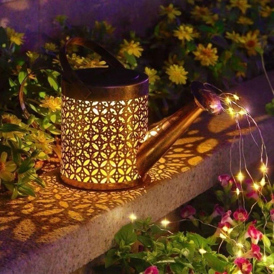 Solar Kettle Light: Outdoor Garden Decoration with Wrought Iron Water Sprinkler