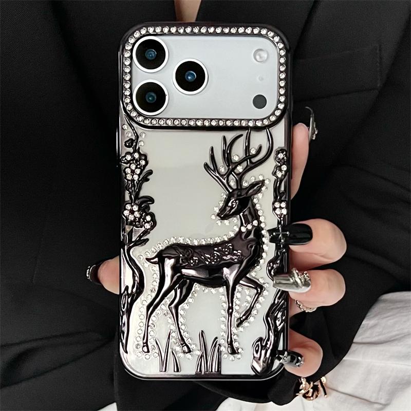 Women Girl's Glitter Diamond Elk Phone Case For iPhone 17 Air 12 13 14 15 16 17 Pro Max Transparent Plating Soft Silicone Cover