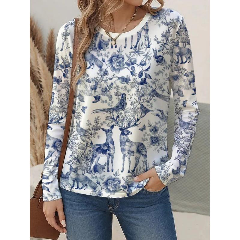 Fashion Women's Crew Neck Long Sleeve 3D Floral Color Printing Floral Long Sleeve Crew Neck T-Shirt