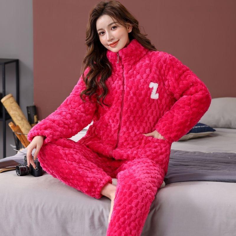 Pajamas women's winter three-layer thickened models fleece coral fleece warm padded cotton autumn and winter women's loungewear