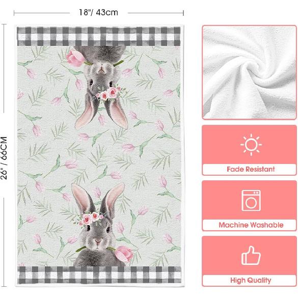 Artoid Mode Buffalo Plaid Bunny Rabbit Flowers Hello Spring Easter Kitchen Towels Dish Towels, 18x26 Inch Seasonal Decoration Hand Towels Set of 2
