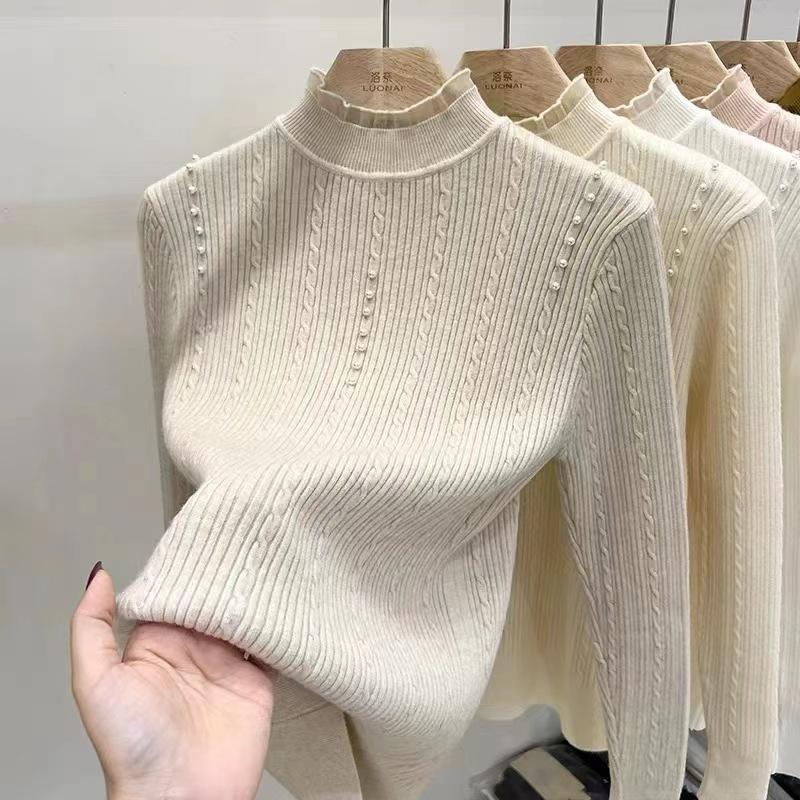 Lace Semi-turtleneck Bottoming Shirt Women's Autumn and Winter Inner Twist Pearl Chic Top Knitted Sweater Women's Long-sleeved Slim-fit
