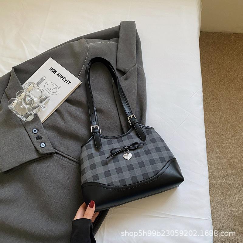 Summer Checkerboard Underarm Bag New with Pendants Korean Version Contrasting Color Women's Commuter Shoulder Bag Tide