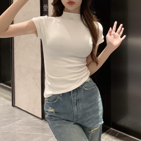 Dámské topy Polovysoký límec Krátký rukáv Přiléhavé tričko Jednobarevné