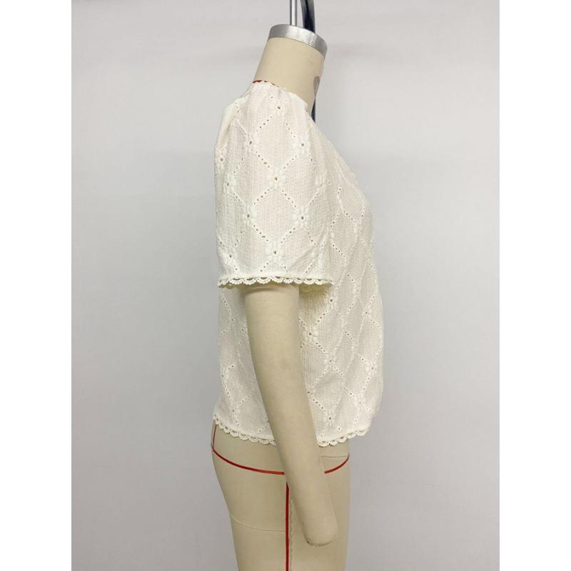 Women S Elegant Lace Spliced V Neck Short Sleeve Jacquard Shirt
