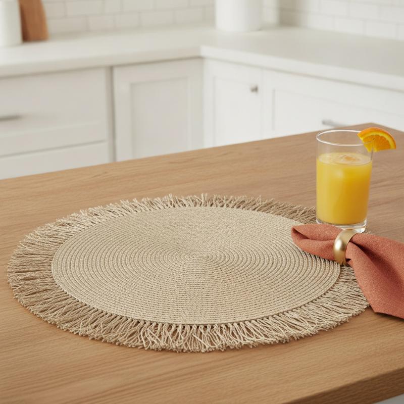 Woven Rattan Round Placemat Handmade Fringe Edge Heat Resistant For Home Dining Table Party Decor