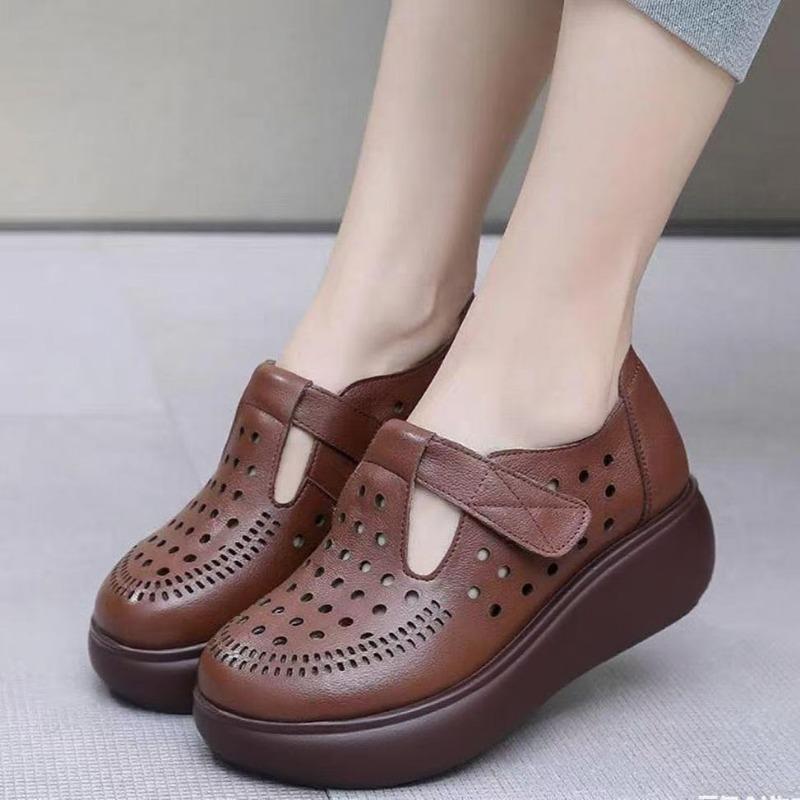 Summer new thick-soled buckle hole large-size women's sandals thick-soled hollow sandals soft leather retro women's sandals