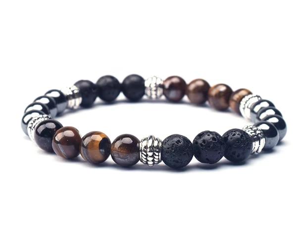 2021 Luxury Handmade Cool Natural Black Lava Stone Metal Silver Charm Bead Bracelet for Men 19cm