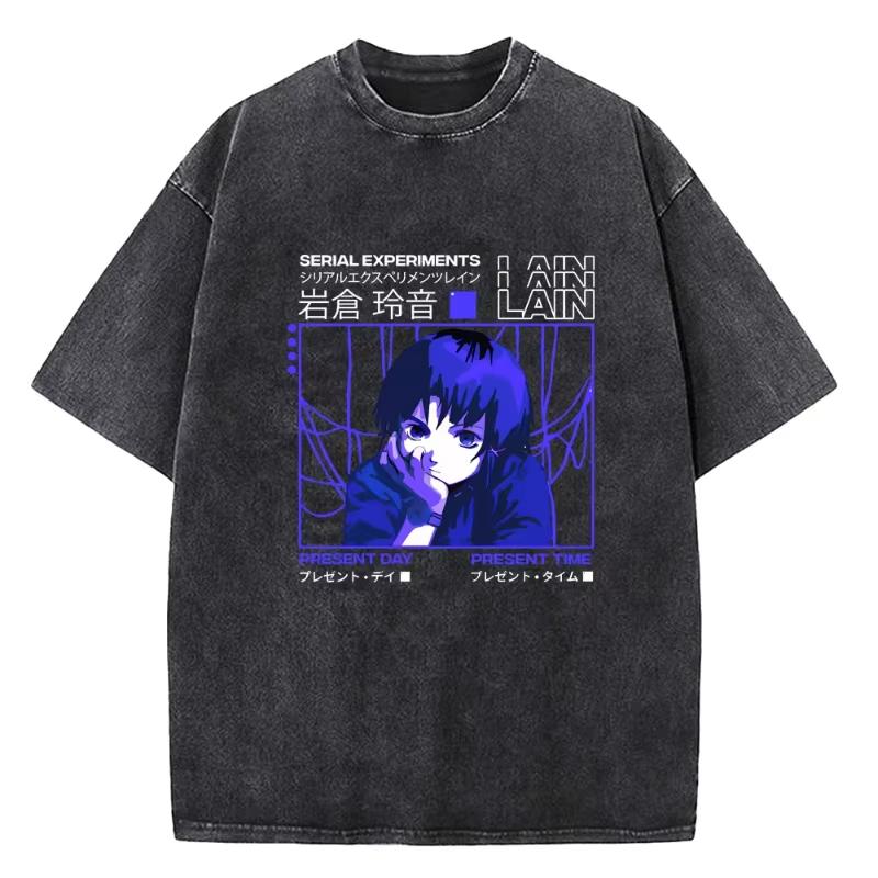 Japanese Anime Serial Experiments Lain Vintage Washed T Shirt High Quality Manga Short Sleeve Fashion T Shirt Women S