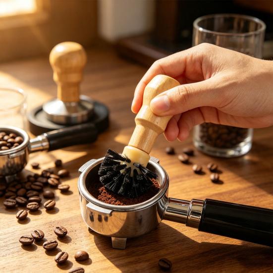 High-density Bristle Portafilter Brush Coffee Machine Basket Cleaning Brush, Soft with Hard Grinder Wood Handle Corner Espresso Tool Handheld