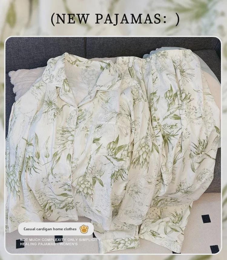 Women's Spring/Autumn Pajama Set: Thin Cloud Cotton with Chest Pads, Long-Sleeved Cardigan, Sweet and Cute Homewear.