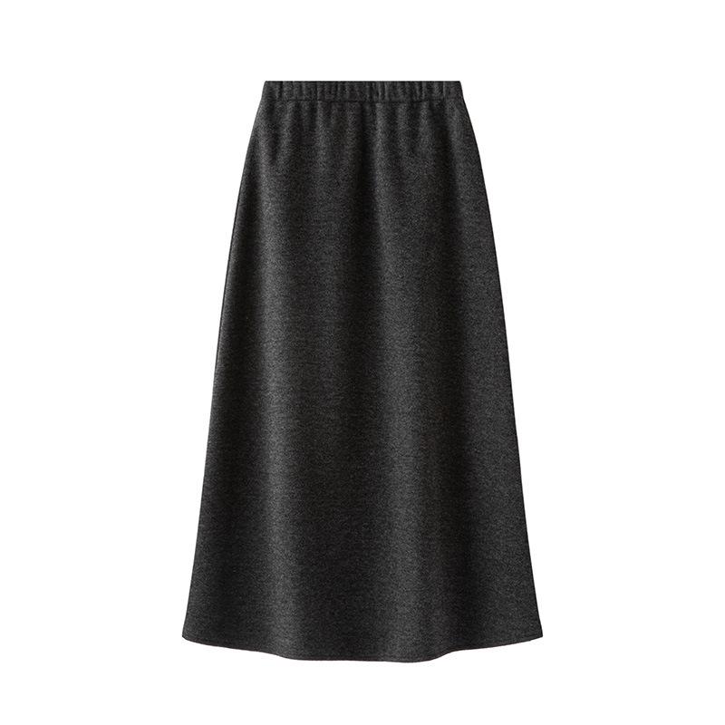Spring 26 High-End Gray Wool Midi Skirt: High-Waisted, Draped, Elastic Knit Base