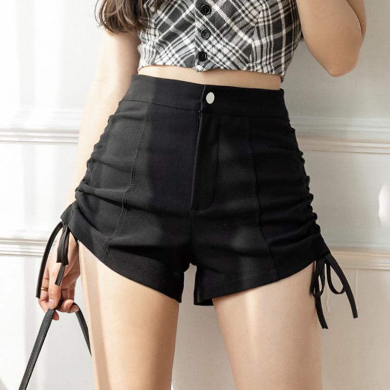 

Шикарные черные шорты А-силуэта с высокой посадкой большого размера с боковыми кулисками XL чёрный