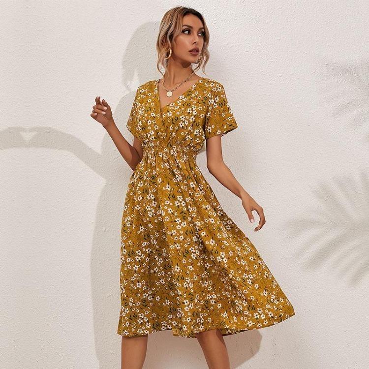 Summer Floral Print V Neck Women Casual Dress Long A Line Slim High Waist Short Sleeve Dress Fall Sizes S To XL