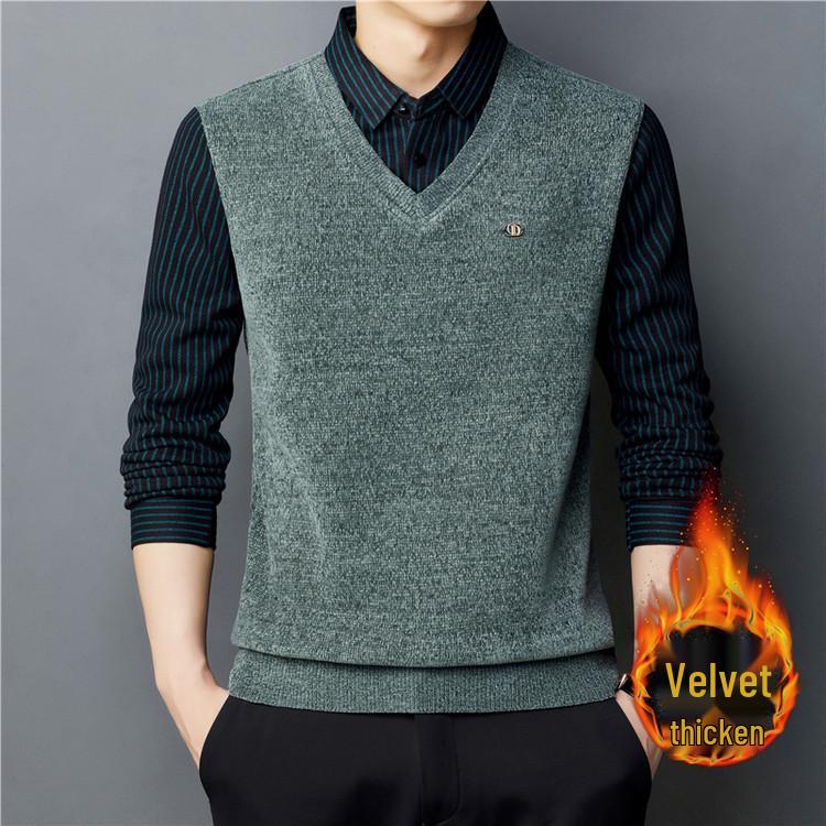 Men s Mid-Aged Lapel Sweater with Plus Velvet, Two-Piece Look, Winter Warmth Pullover. M